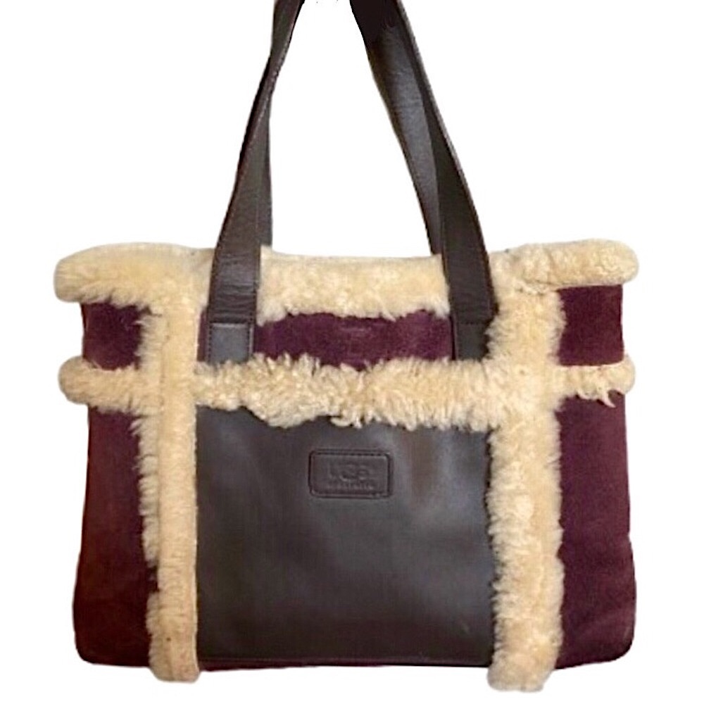 UGG Large Plum & Ivory Leather Shearling Sheepskin Tote Bag MINT CONDITION